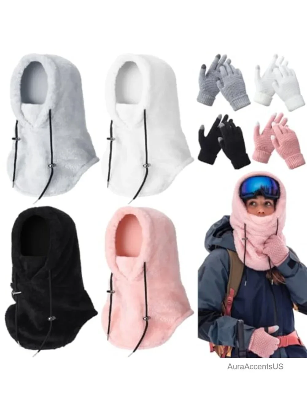 4x Fleece Balaclava Face Mask & Gloves Set Windproof Winter Ski Touchscreen